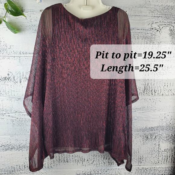 Onyx Nite Red Shimmer Kimono Cold Shoulder Rhinestone Sleeve Top Size Large NWT - Picture 6 of 9